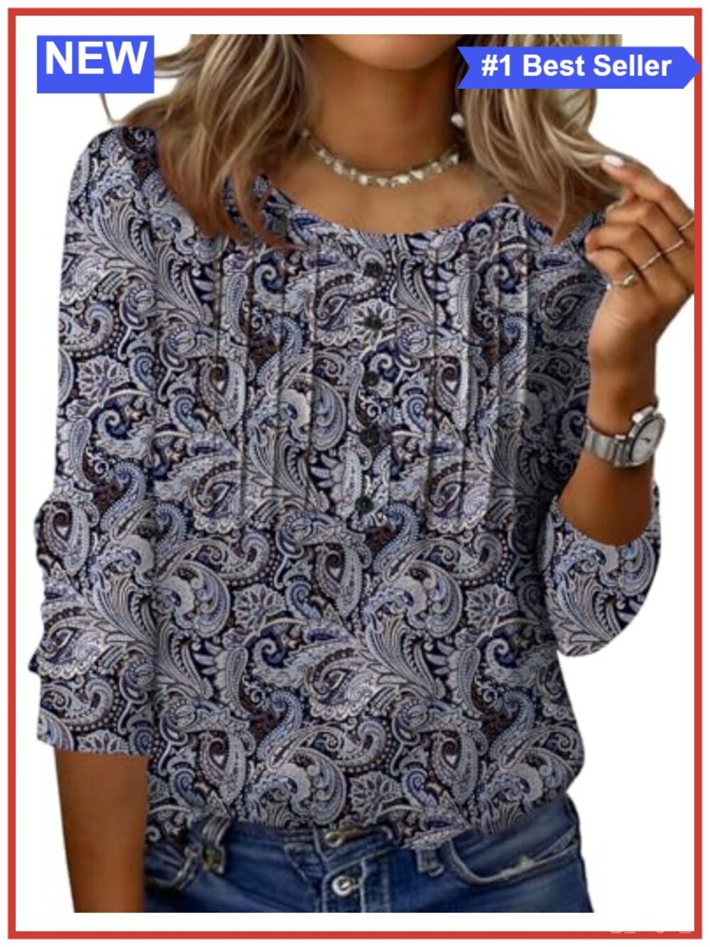 Women's 3/4 Sleeve Crew Neck Pleated Tunic T-Shirt